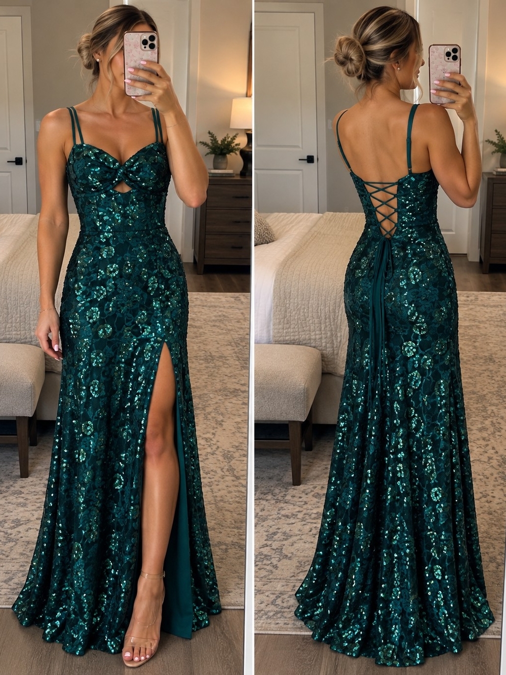 NWT Emerald Green Sequin Lace-Up Formal Gown